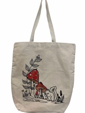Canvas Tote Bag shopping bag with Red Mushroom & Squirrel Graphic